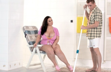 Brunette BBW Anastasia Lux unleashing massive breasts before doggy passionate by pool