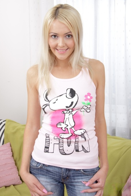 Sweet young adult with blonde hair sports a mouthful of climax after anal fucking