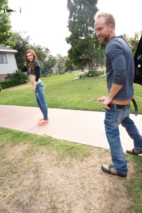 Likable girl Emma Stoned in leggings lets man take pictures of tiny titties