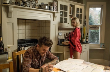 Busty blonde wife Chessie Kay seduces her man in a satin robe and underthings