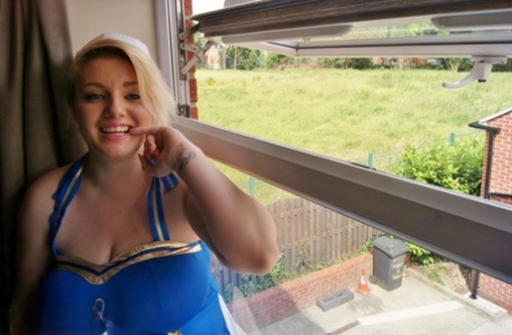 Big chubby JessicasHoneyz bends for natural upskirt & offers up huge big breasts