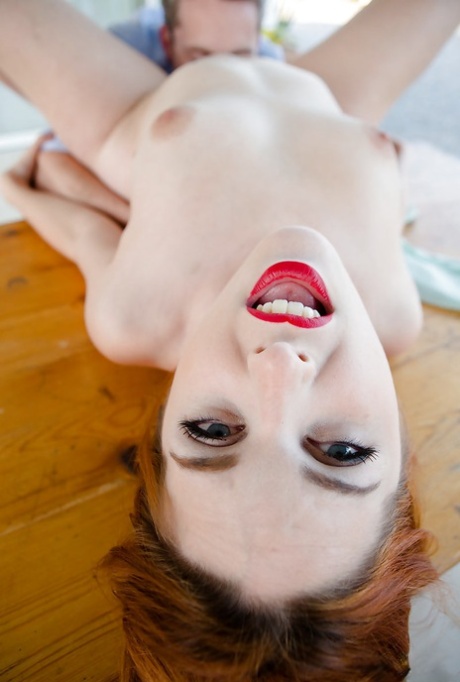 Redheaded Euro first timer wrapping painted red lips around long manhood