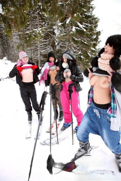 Lesbians Linda O, Betty K, Nicoletta H & Lilly P strip & passionate after skiing
