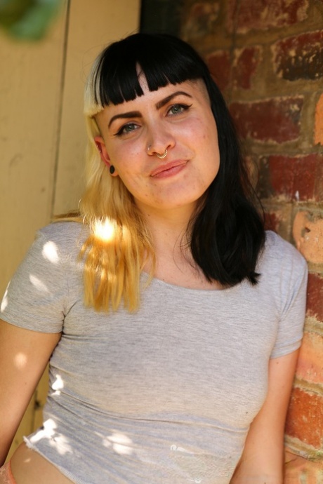 Girl with half black, half white hair named Marina with hairy cunt and armpits