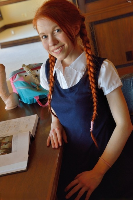 Ginger schoolgirl Dolly inserts a huge fake manhood & Ben Wa balls into her femininity