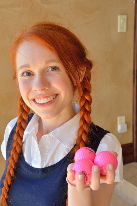 Ginger schoolgirl Dolly inserts a huge fake manhood & Ben Wa balls into her femininity