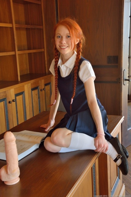 Ginger schoolgirl Dolly inserts a huge fake manhood & Ben Wa balls into her femininity
