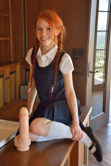 Ginger schoolgirl Dolly inserts a huge fake manhood & Ben Wa balls into her femininity