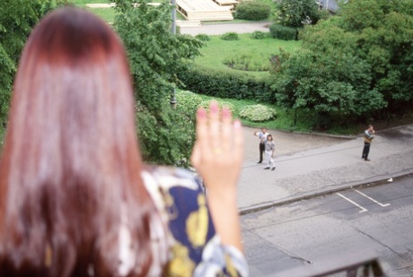 Redhead slut Nataly gets caught being gangbanged on a bed by her husband