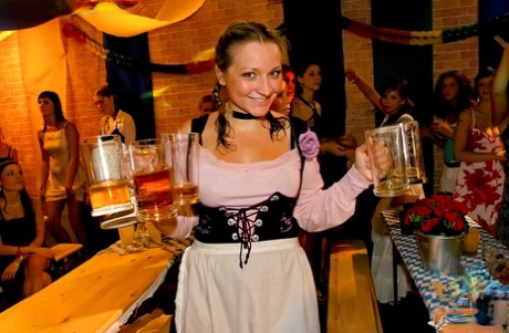 Manhood hungry babes with petite breasts getting cumshots at the drunk party