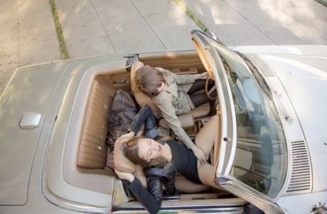 Alluring chick Dani Daniels making out with her same-sex female friend outdoor