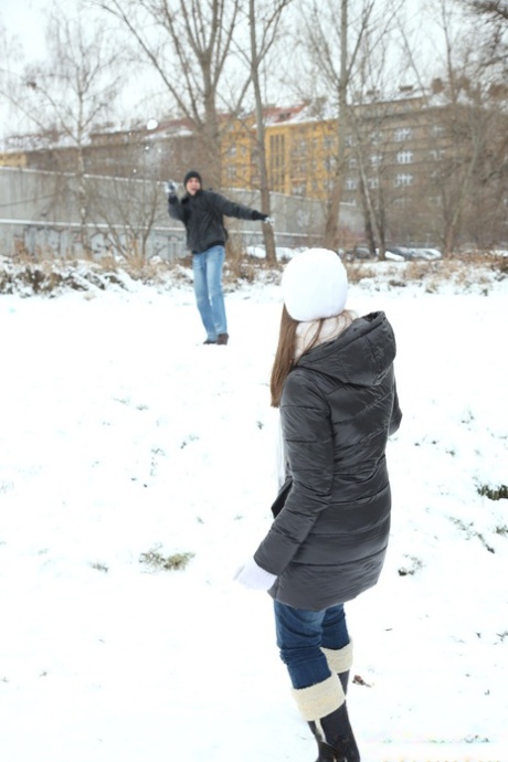 Young girl with beautiful breasts gets banged inside on a cold winter day