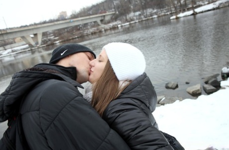 Young girl with beautiful breasts gets banged inside on a cold winter day