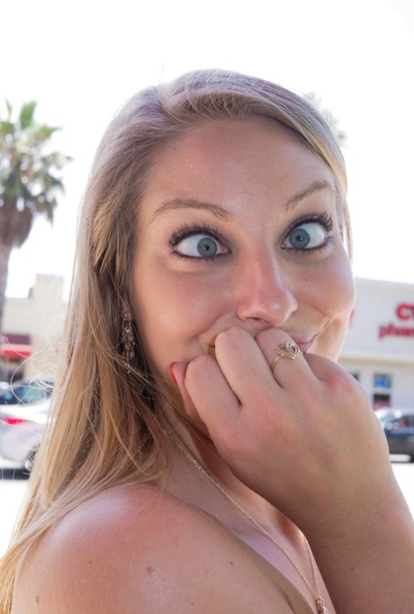 Young adult girlfriend Veronica Weston flashes her curves and undies in public