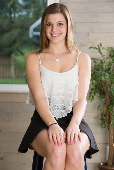 Alluring young adult girl Aubrey Snow parts her femininity lips during artistic posing debut