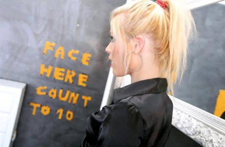 Fully clothed blonde tales off skin tight pants while getting jizz blasted