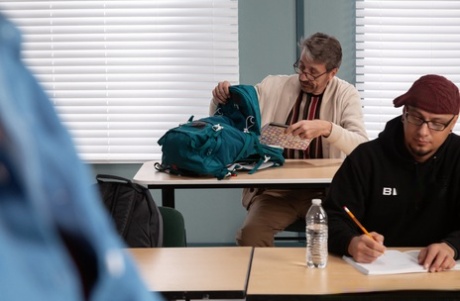 Lusty teacher Bella Rolland drops her skirt and gets rammed in the classroom