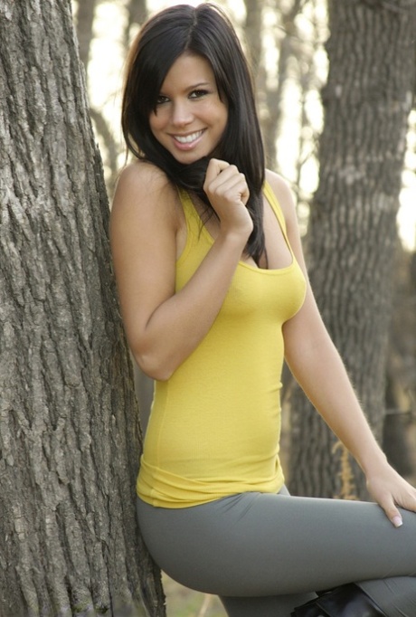 Authentic model Destiny Moody tales off her spandex pants in the woods