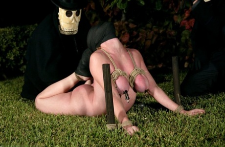 White female has her breasts clamped & weighted while hogtied on the lawn