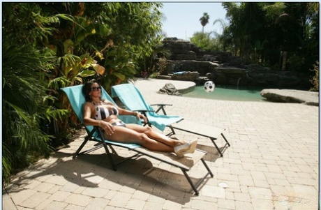 Mature brunette Persia Monir stripped from bikini and fucked outdoor