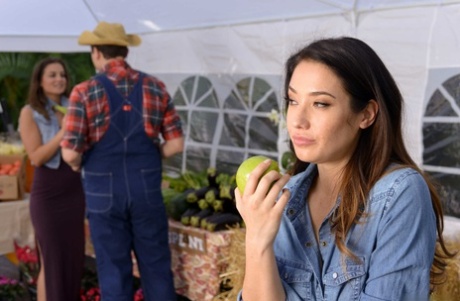 Beautiful farmer's wife Eva Lovia gets rammed at the vegetable market