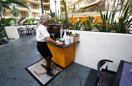 Older blonde housewife Sandra Otterson freeing massive babe type breasts