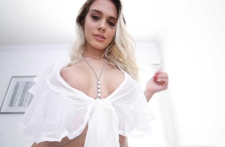 Beautifully busty young adult Athena Palomino has her sweet big breasts covered in climax