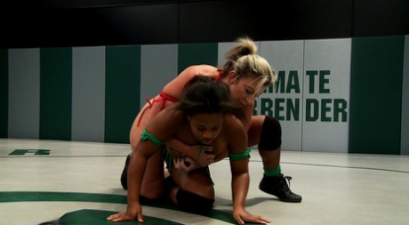 Ebony Yasmine Loven and MATURE WOMAN Sara Jay flaunt their big breasts and wrestle