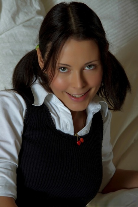 Adorable young adult with black hair in pigtails goes PTM with boyfriend's big manhood