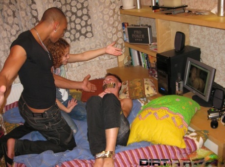 Curly haired young adult gets boned and jizzed in front of her handcuffed cuckold