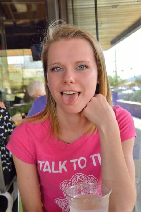 Sweet skinny young adult Catarina unveils her tiny breasts and tasty clam at the park