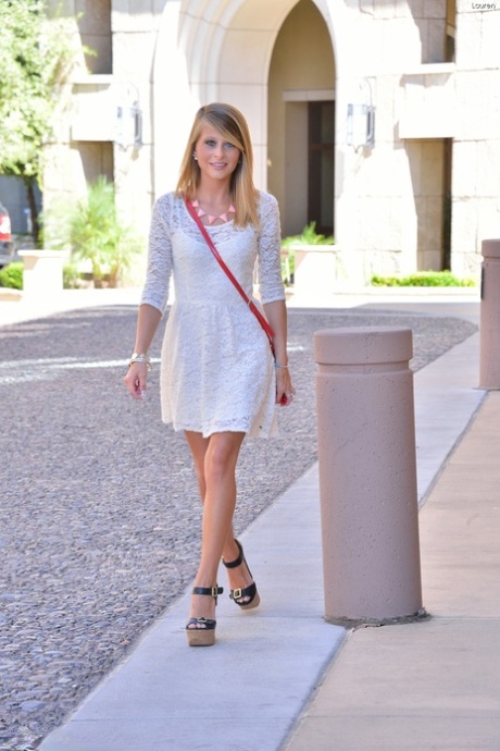 Blonde Lauren strips her dress & teases with her curves with tan lines in public