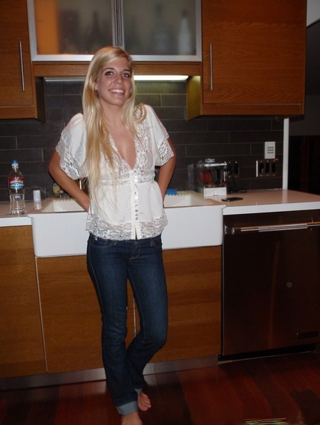 Young blonde girl takes artistic and semi-nude selfies during solo action