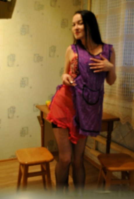 Raven-haired wife poses in her lingerie, strips & fingers herself