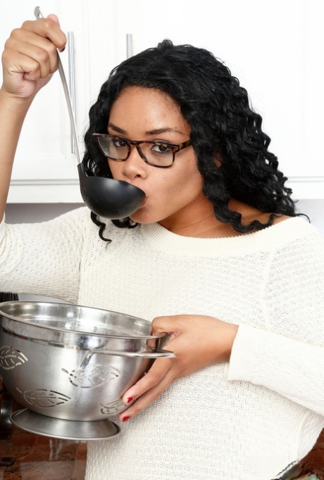 Mixed race authentic Millie Stone strips for nudes in her kitchen