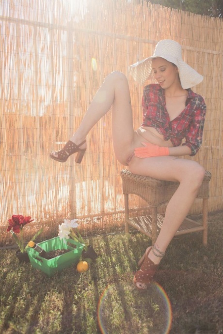 Sweet young adult Haley Reed twisting her muff and pissing at the backyard